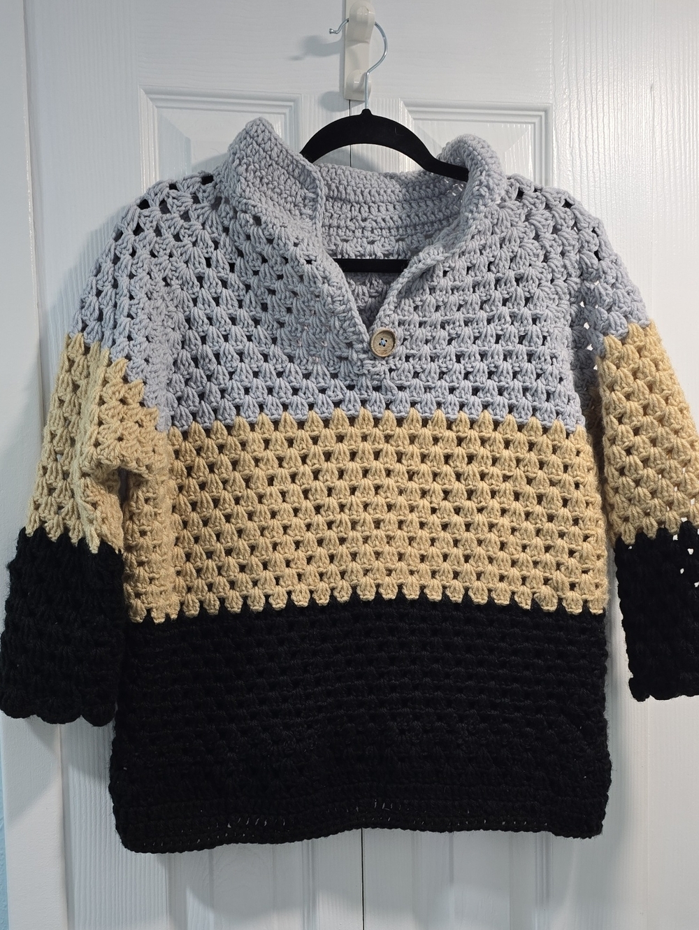 Cozy Crochet Colorblock Sweater - Gray, Cream & Black